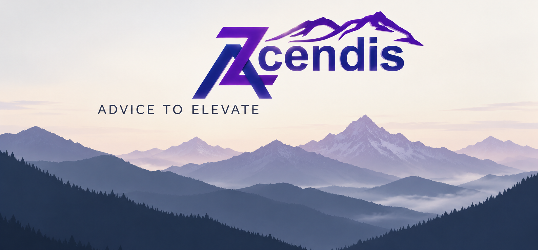 The custom purple and blue Azcendis logo and Advice to Elevate tagline above a mountain ascent.